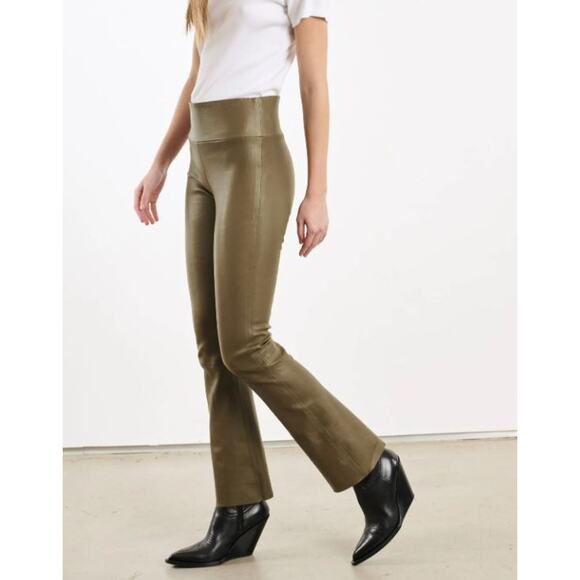 SPRWMN High Waisted Skinny Fit Leather Ankle Flare Pants Moss Green Women's XS - Picture 2 of 6